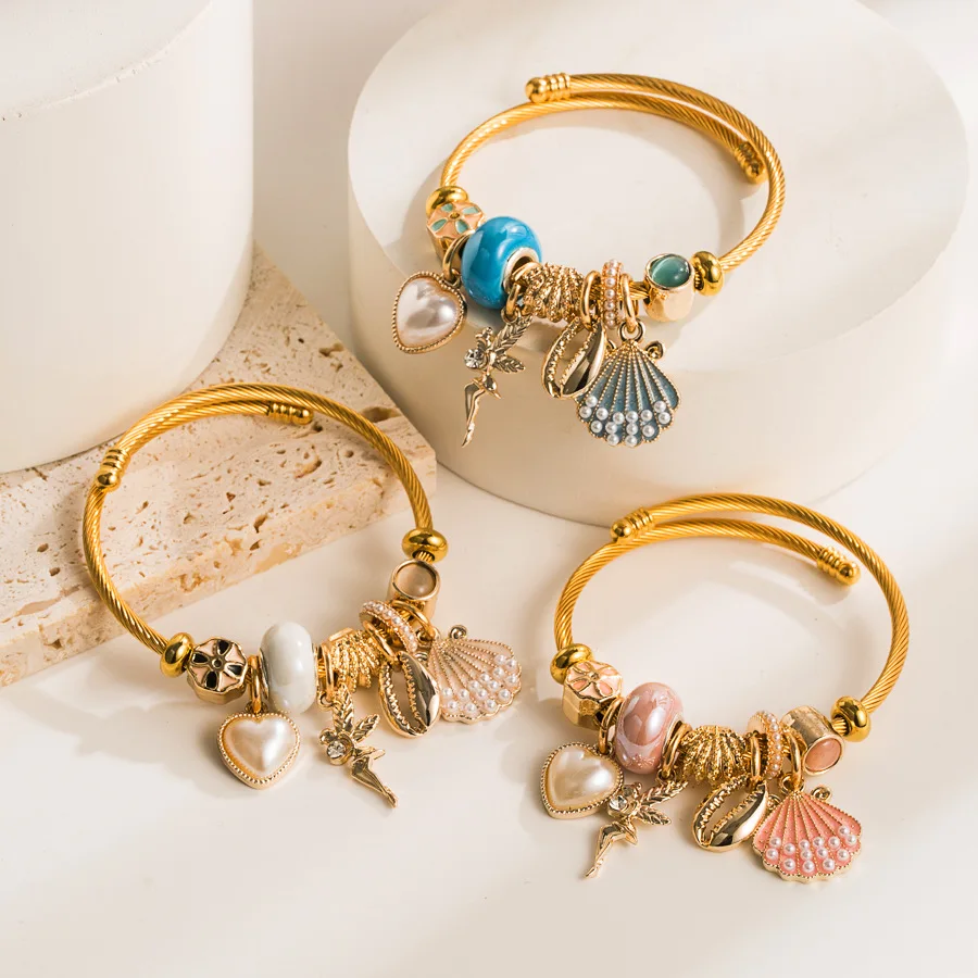 Ocean Beach Shell Charm Cuff Bangle Fairy Angel Pendant Glazed Bead Spiral Bracelet Summer Sea Style Wristband Gifts for Her