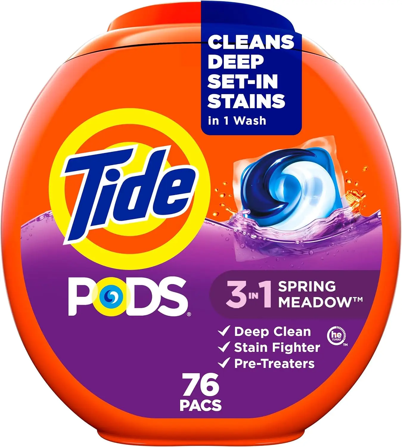 

76-Count Laundry Detergent Pacs, 3-in-1 Stain & Odor Fighter, Color Protector, HE Compatible with Spring Meadow Scent