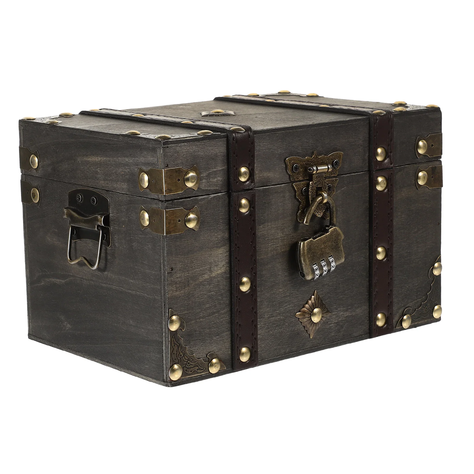 Treasure Chest Wooden Jewelry Storage Case Vintage Container Retro Coin Bank Trinket Organizer Locked Make up