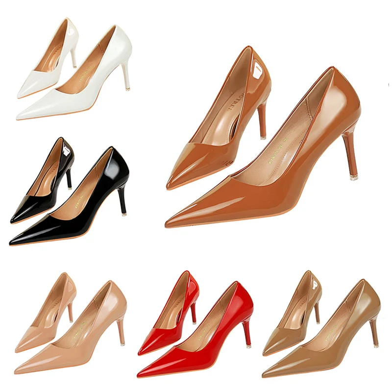 Women 7.5cm 10.5cm High Heels Fashion Glossy Leather Pumps Lady Fetish Red Nude Stiletto Scarpin Low Heels Dress Designer Shoes