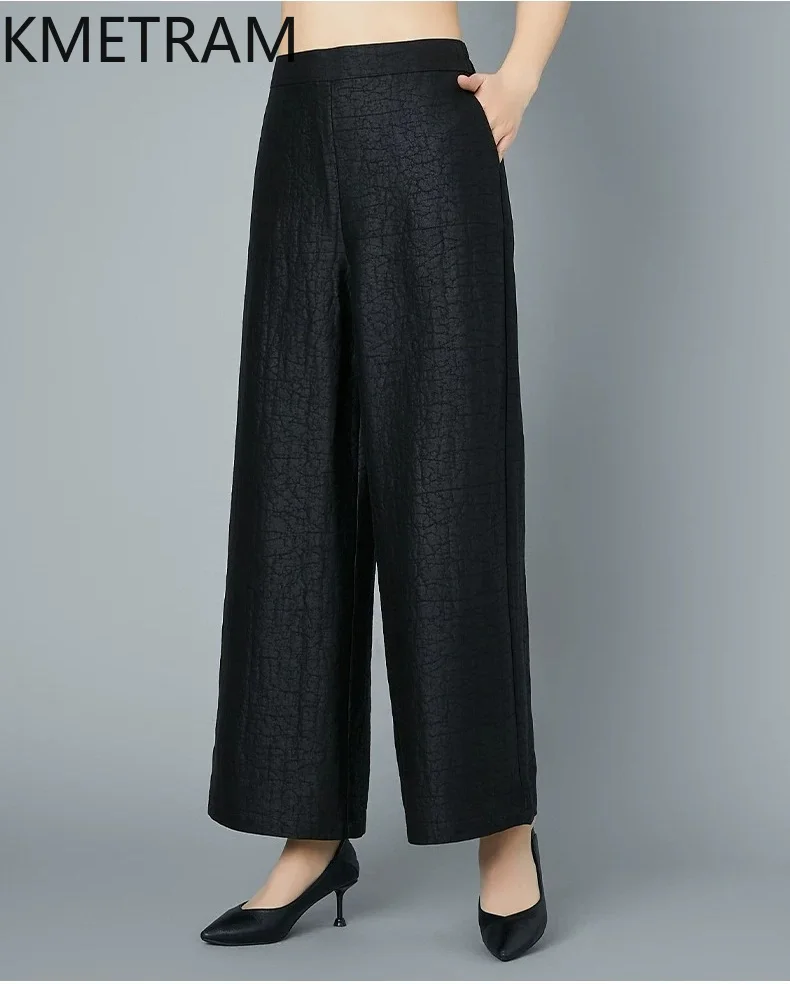 KMETRAM 100% Mulberry Silk Women Pants 2026 Spring Xiangyunsha Crackle Texture Long Straight-leg Pants Woman Clothing Ropa Mujer