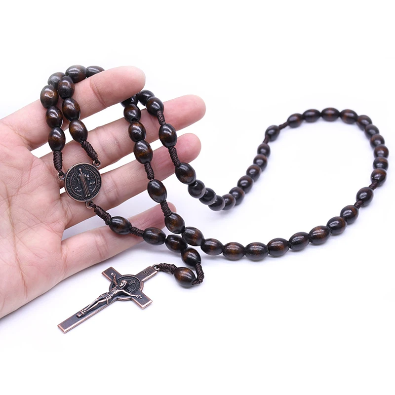 Vintage Jesus Cross Catholic Wood Beads Religious Prayer Pendant Necklace Jewelry