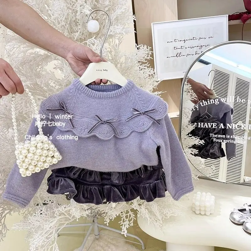 Spring and Autumn Girls' Set New Children's Purple Bow Set Knitted Sweater Cake Skirt 2-piece Set