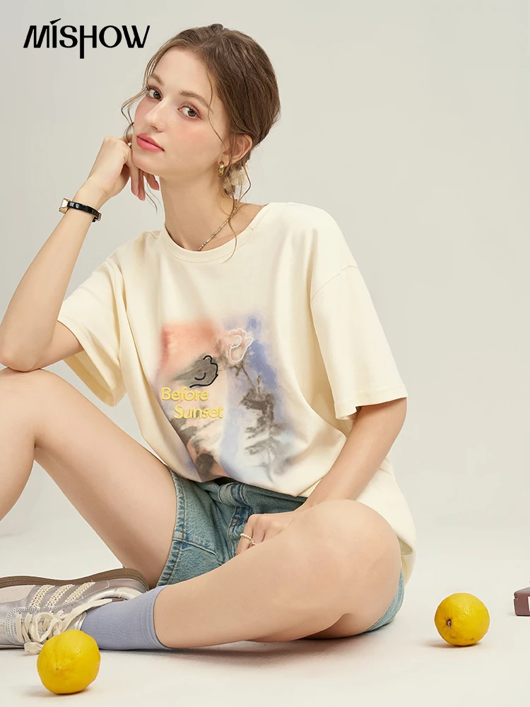 MISHOW Thin Oil Painting Printed T-shirt 2024 Summer Short Sleeve Slim Top Round Neck Casual Loose Tees Office Lady MPD26T0264