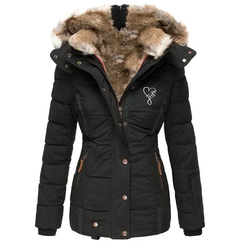 

Women Winter Coat Faith Print Warm Solid Plush Thickened Long Jacket Outdoor Hiking Hooded Casual Windproof Parka Coat Overcoat