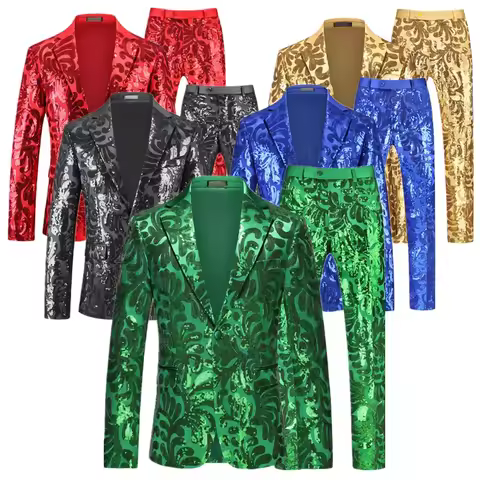 (Jackets and Pants ) New Men Luxury Sequined Suits Fashion Singer Host Dance , Party , Performance Dress Floral Dress Set