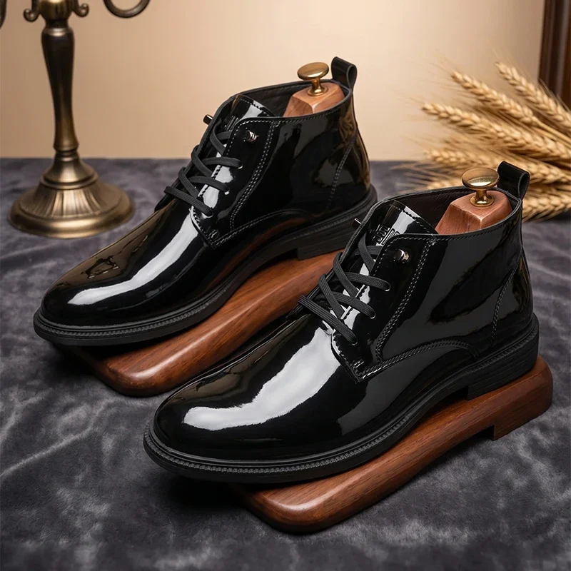 Men Glossy Black Lace‑up Ankle Boots High‑top Thick Sole Fashion Casual Business Men Footwear