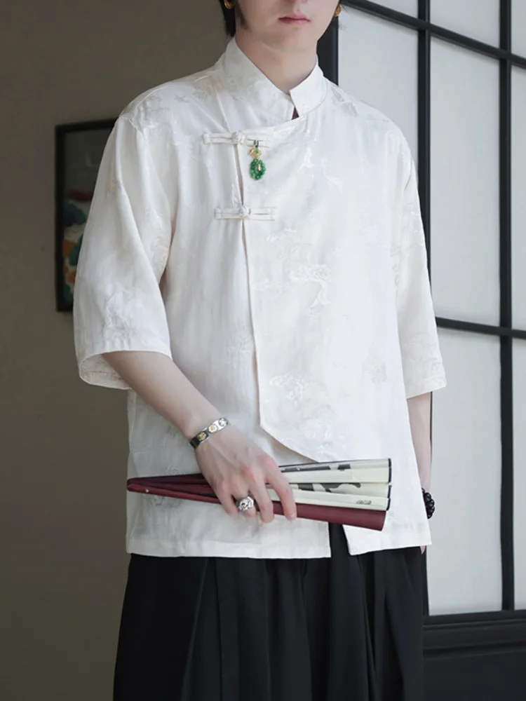 

Новая мужская летняя рубашка из ледяного шелка с коротким рукавом в китайском стиле, улучшенная модель с пуговицами, в стиле Тан, Ханьфу, модная, свободного кроя, больших размеров