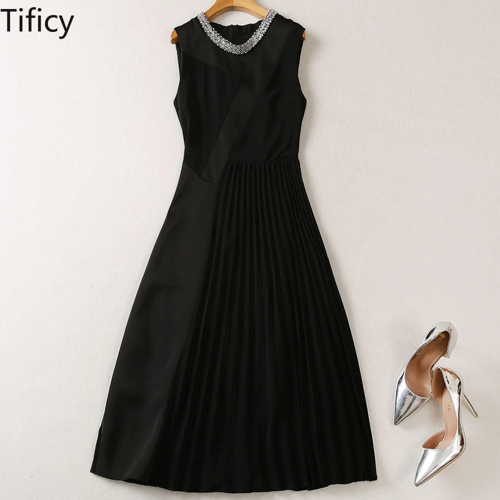 

High Quality Spanish Princess's Same Style New Summer Women's Round Neck Studded Beaded Sleeveless Slim Fit Pleated Black Dress