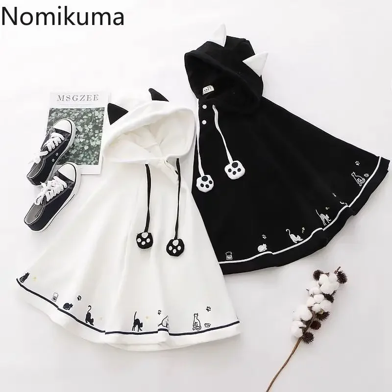 Japanese Ponchos Fall Winter Clothing Cute Jackets for Women Cat Ears Hooded Oversized Coats Y2k Tops Fashion Sweet Capes 49C648