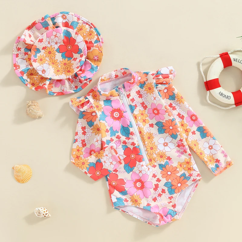 Toddler Girls Summer Romper Swimwear Long Sleeve O Neck Floral Bathing Suit + Hat