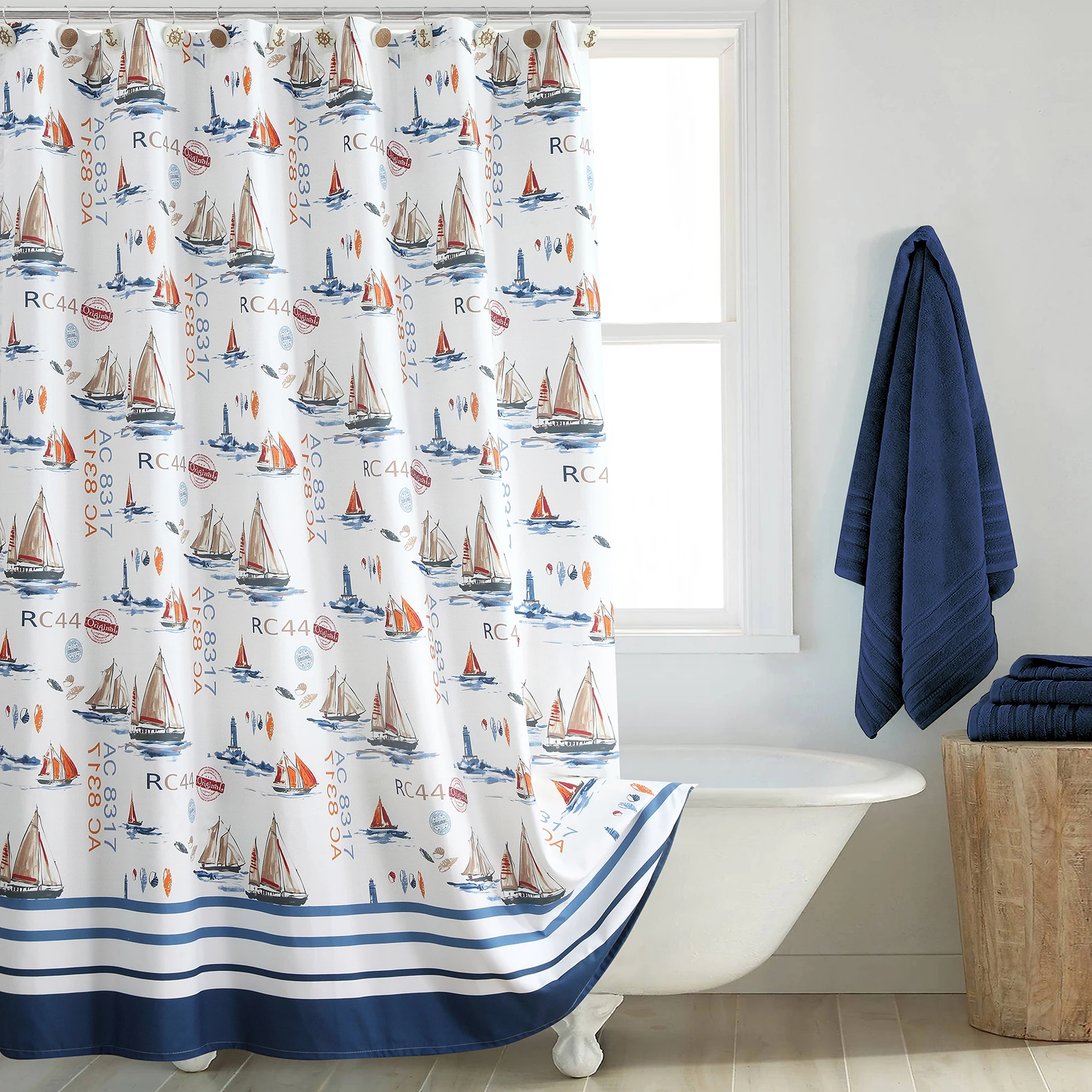 

Yachots Sea Polyester Fabric Ivory Ocean Printed Waterproof Sailboats Cream Shower Curtain For Bathroom
