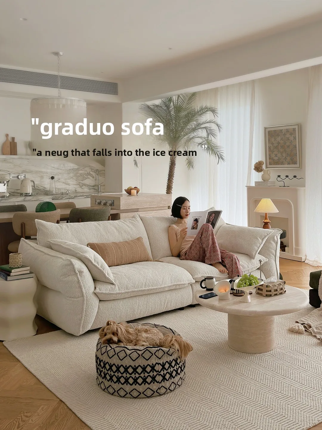 

LX retro cream style living room fabric straight row sofa down sofa