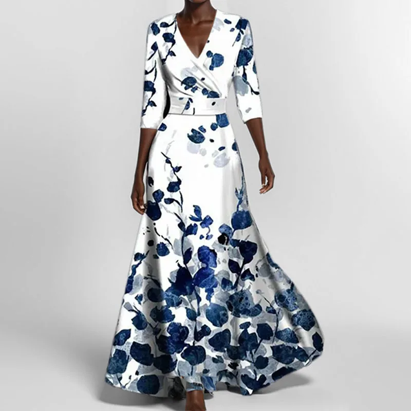Vestido Feminino Elegante 2026: Nova Moda Casual com Decote V e Manga Curta Estampada H815