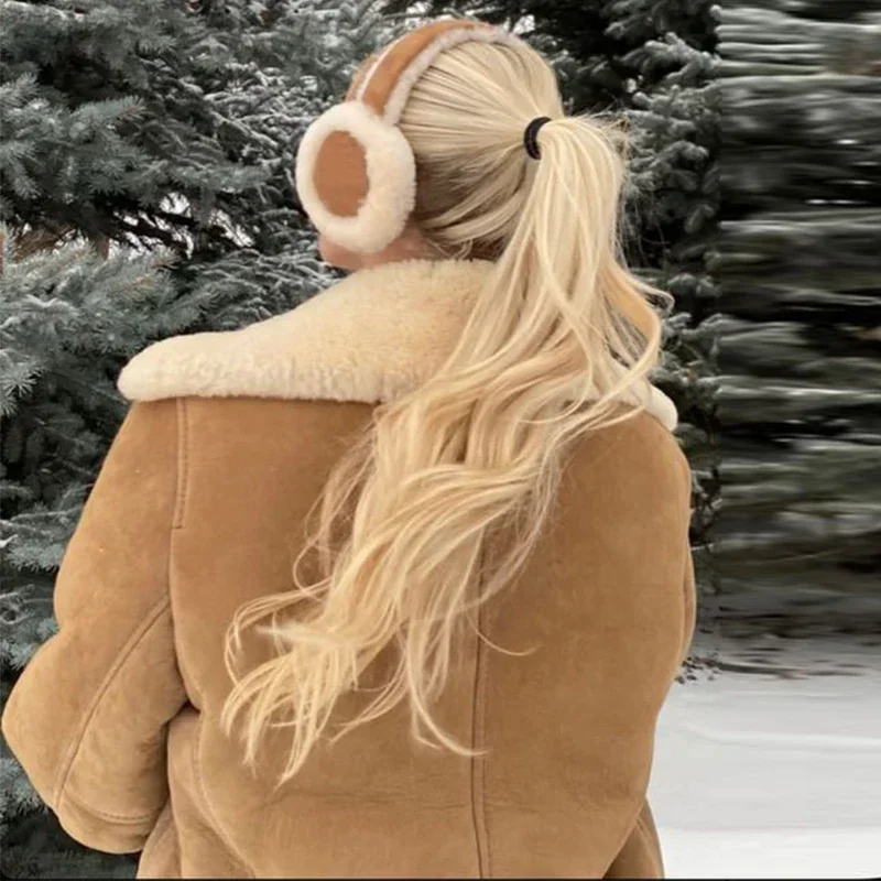 Wool Plush Earmuffs Women New Khaki  Ear Warmers Fashion Sheepskin Fur Earmuffs For Winter Warm Headphones Muffs Woman Cover