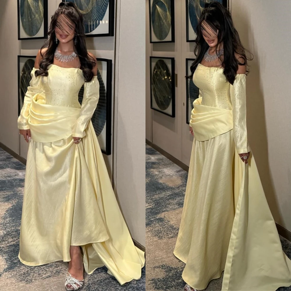 

Элегантное желтое атласное вечернее платье по индивидуальному заказу, вечернее платье с вырезом лодочкой и длинными рукавами, платья знаменитостей, классическое прямое платье для выпускного вечера с кристаллами