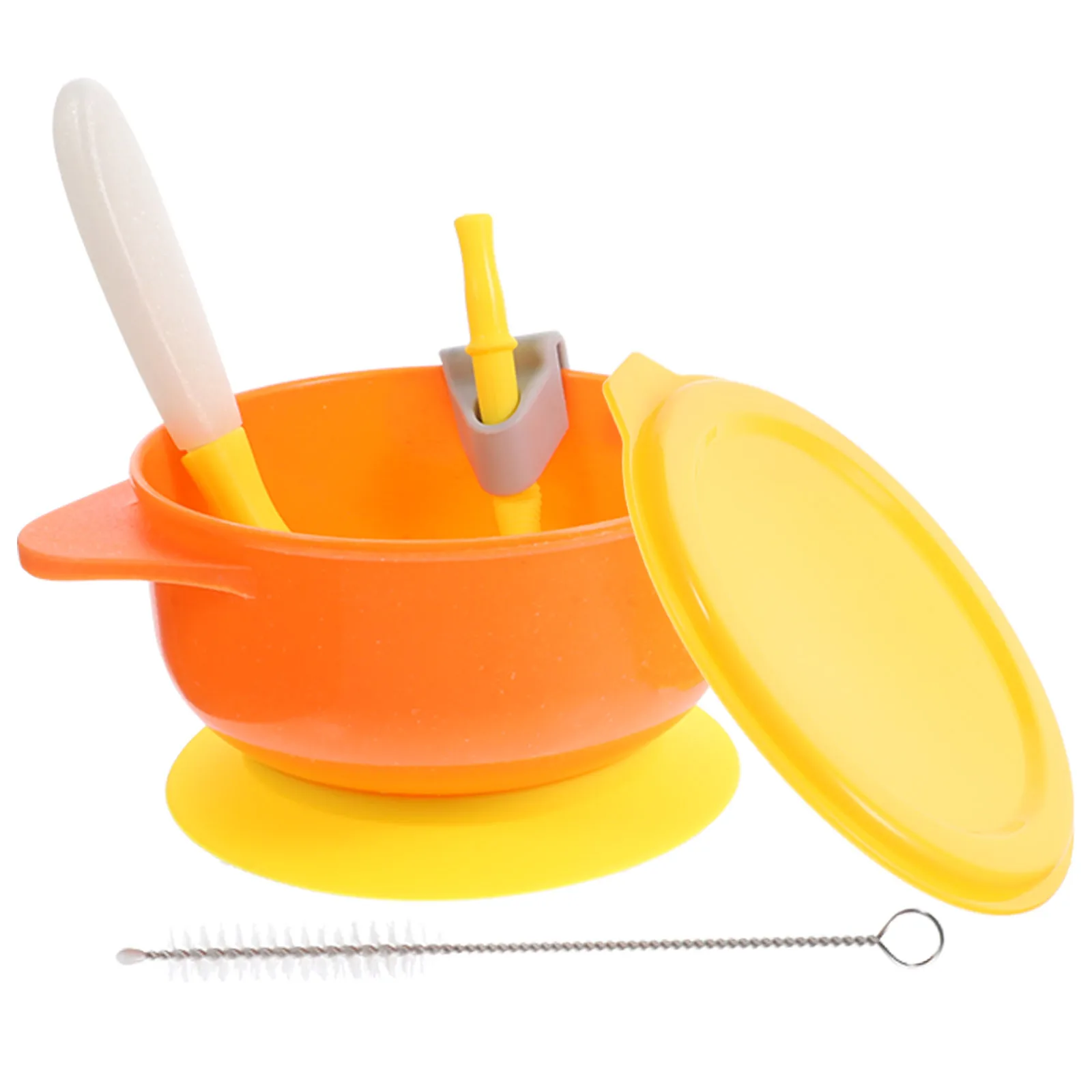 

1 комплект, детская миска с ложкой, крышка на присоске, соломенная щетка для чистки, противоожоговая миска для самостоятельного кормления, миски на присоске для малышей