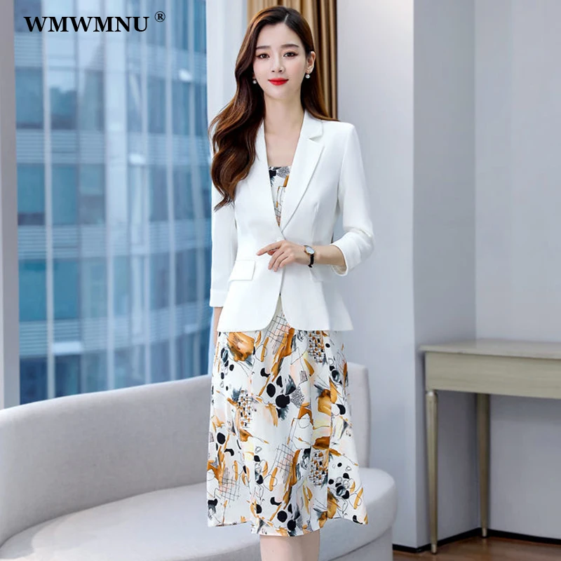 Korean Fashion Print Dress Suits Women 2 Piece Set Elegant Three Quarter Sleeve Blazer Jacket + Spaghetti Straps Floral Dresses