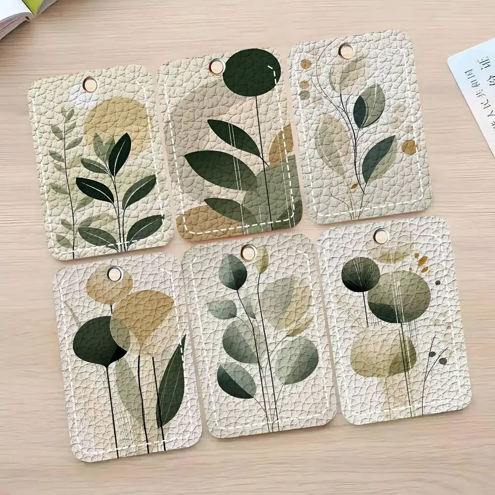 Green Leaves Card Case Keychain Access Card Bag Key Tag Ring Leather Card Holder Key Ring Access