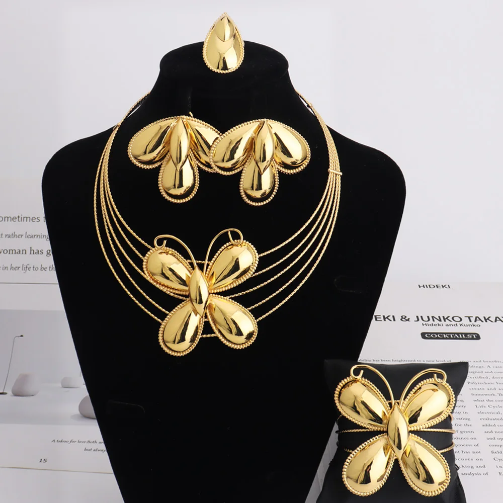 

Dubai Luxury Jewellery 4PC Women's Fashion Trendy Flower Earrings Pendant Necklace Bracelet Set Gold-Plated Jewellry Party Gifts