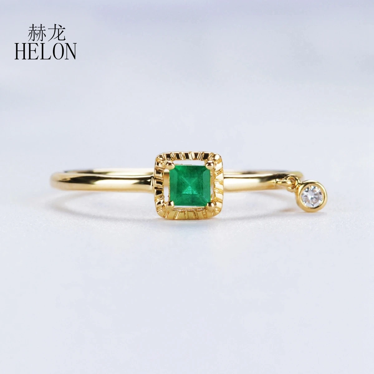 

HELON Solid 14k Yellow Gold Ring Princess Cut 3mm Genuine Natural Emerald Diamonds Engagement Wedding Ring For Women Gift