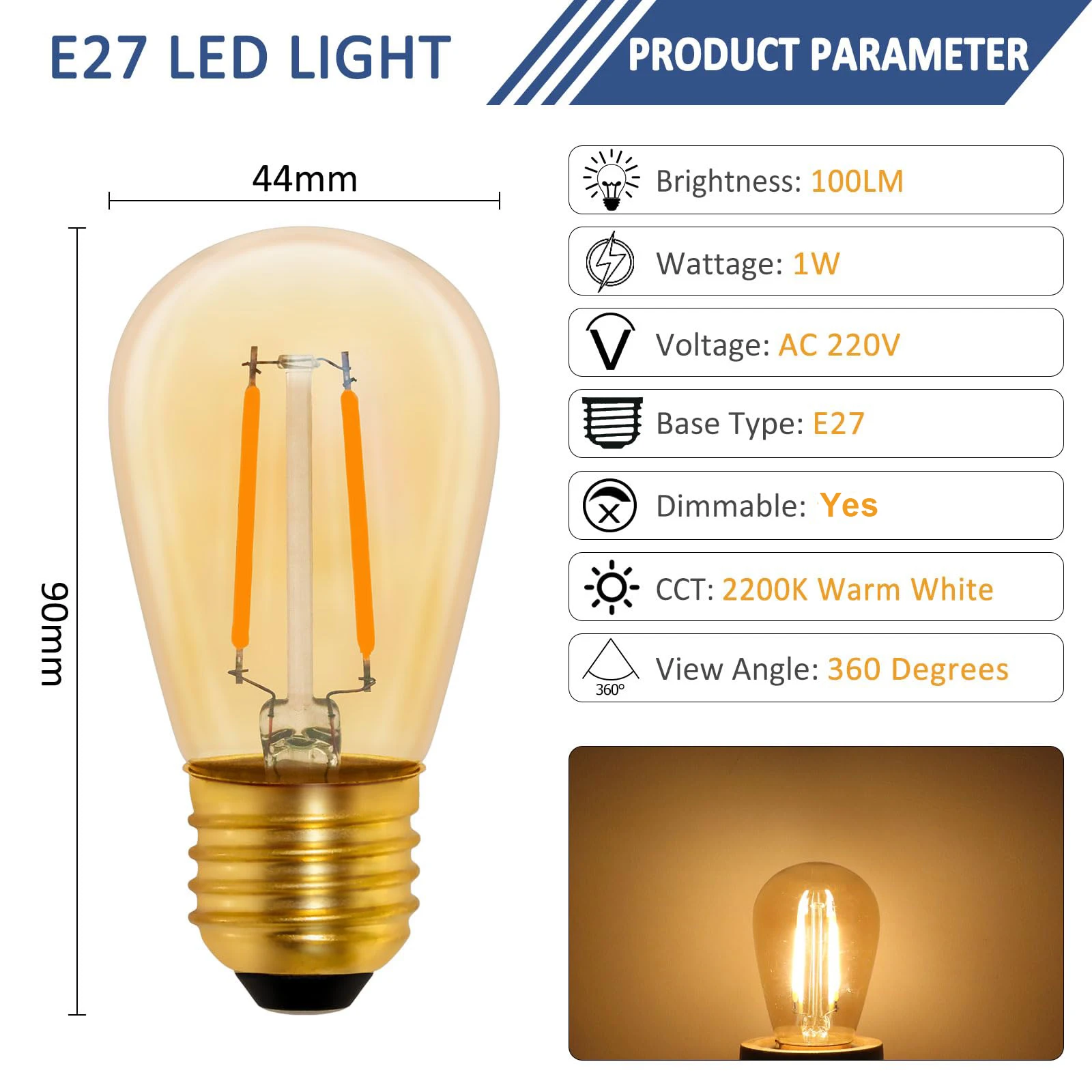 ST45 Vintage Edison LED Light Bulb S14 1W E27 Amber Bulbs Warm White 10W Equivalent Incandescent for Garland Pendant Light Decor