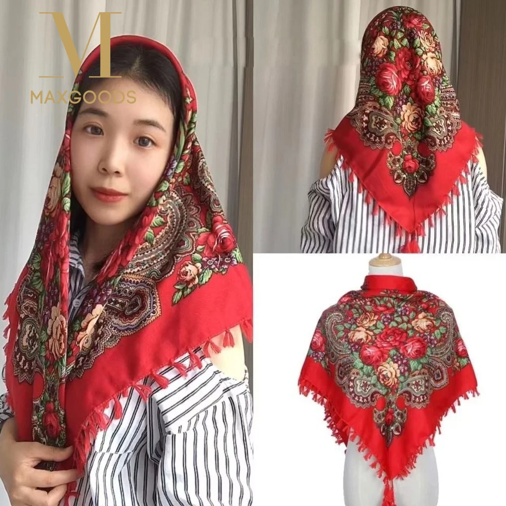 

Traditional 90*90cm Floral Print Square Scarf Knot Tassel Embroidery Head Wraps Russian Style Bandana Shawl Women