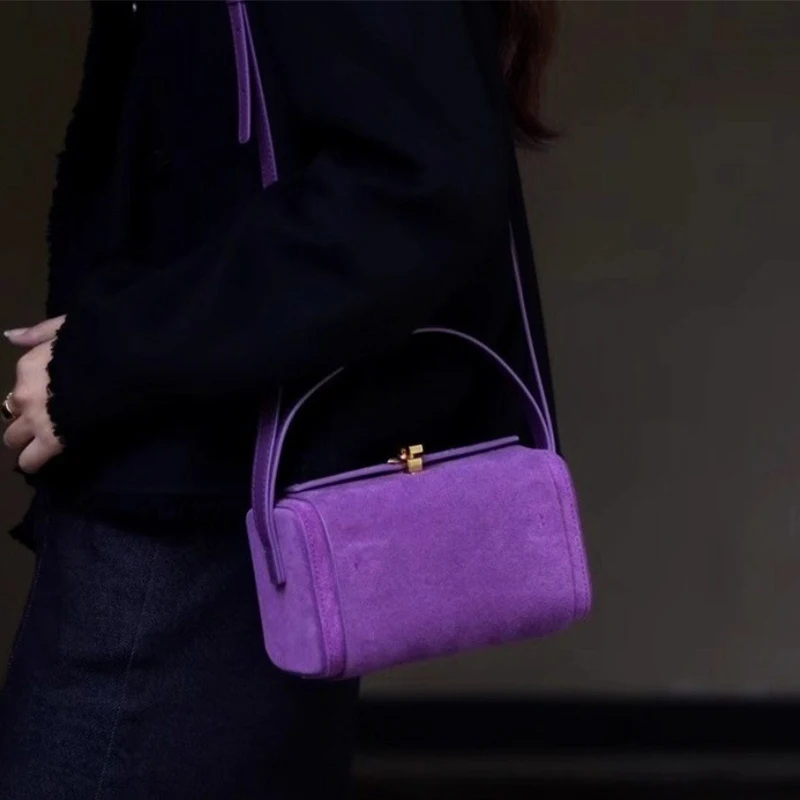 

High-end Purple Women's Handbag Luxury Lock Design Crossbody Bags Vintage Frosted Square Bag New Simple Multifunctional Box Bags