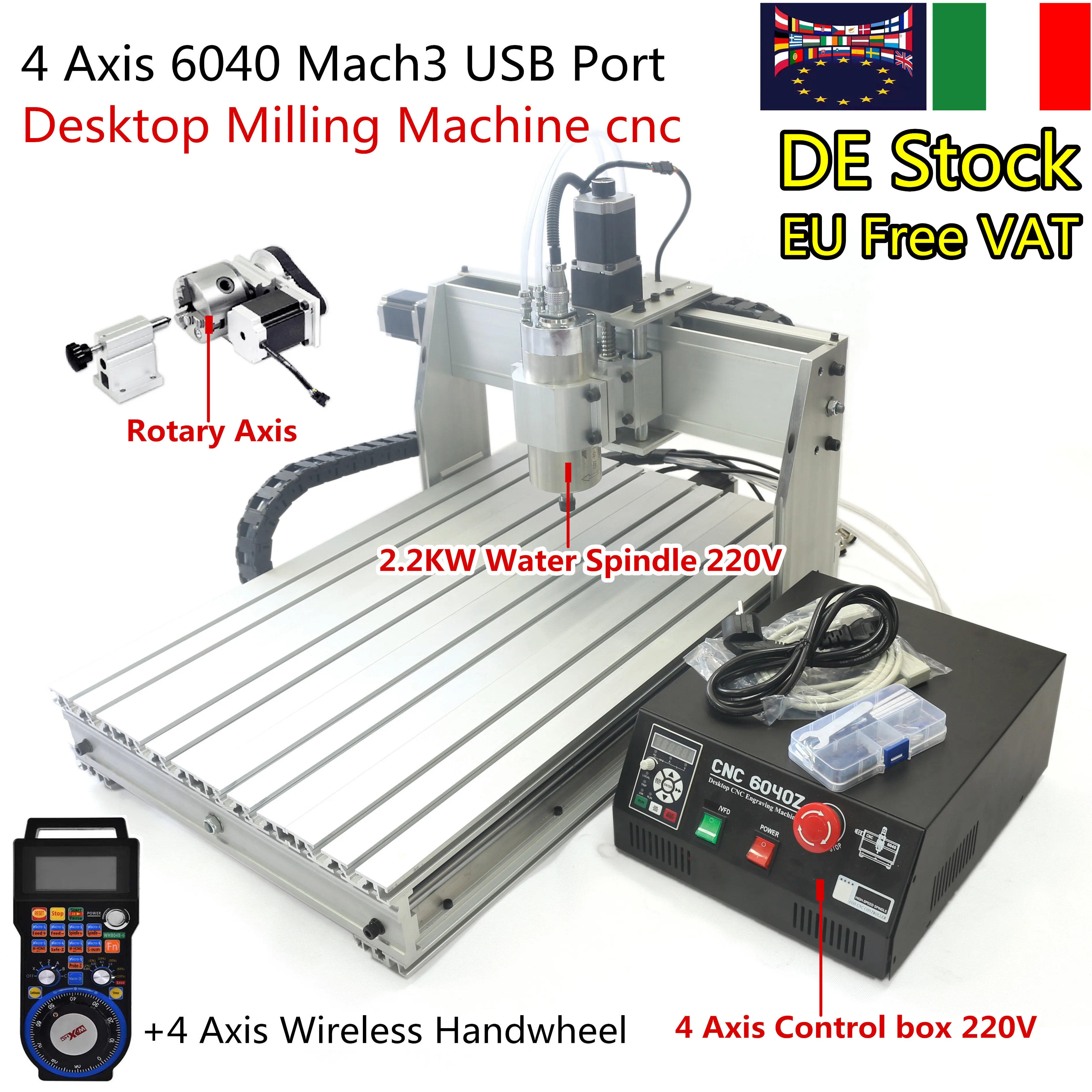 【EU Free VAT】4 Axis 6040 USB mach3 CNC Router Milling Engraving machine 2.2KW 220V With Spindle Free Shipping