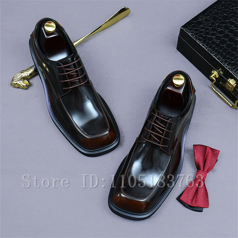

Luxury Genuine Leather Mens Formal Dress Shoes Square Toe Thick Bottom Lace Up Oxfords British Wedding Party Business Shoes