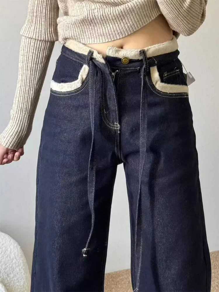 Plus size feminino Thiened Fce forrado jeans de perna larga cintura alta emagrecimento vintage azul retalhos calças compridas casuais