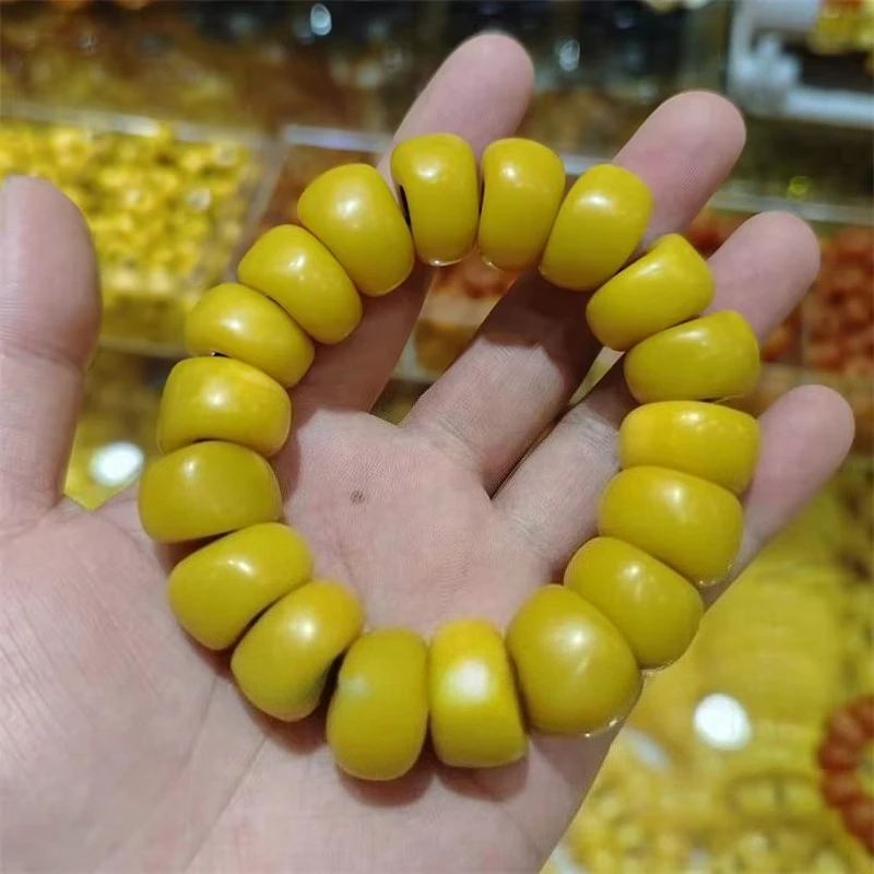 

Natural Amber Beeswax Explosion Natural Amber Beeswax Old Stone Abacus Bead For Men Hand Bracelet Yellow Bangle for men big size