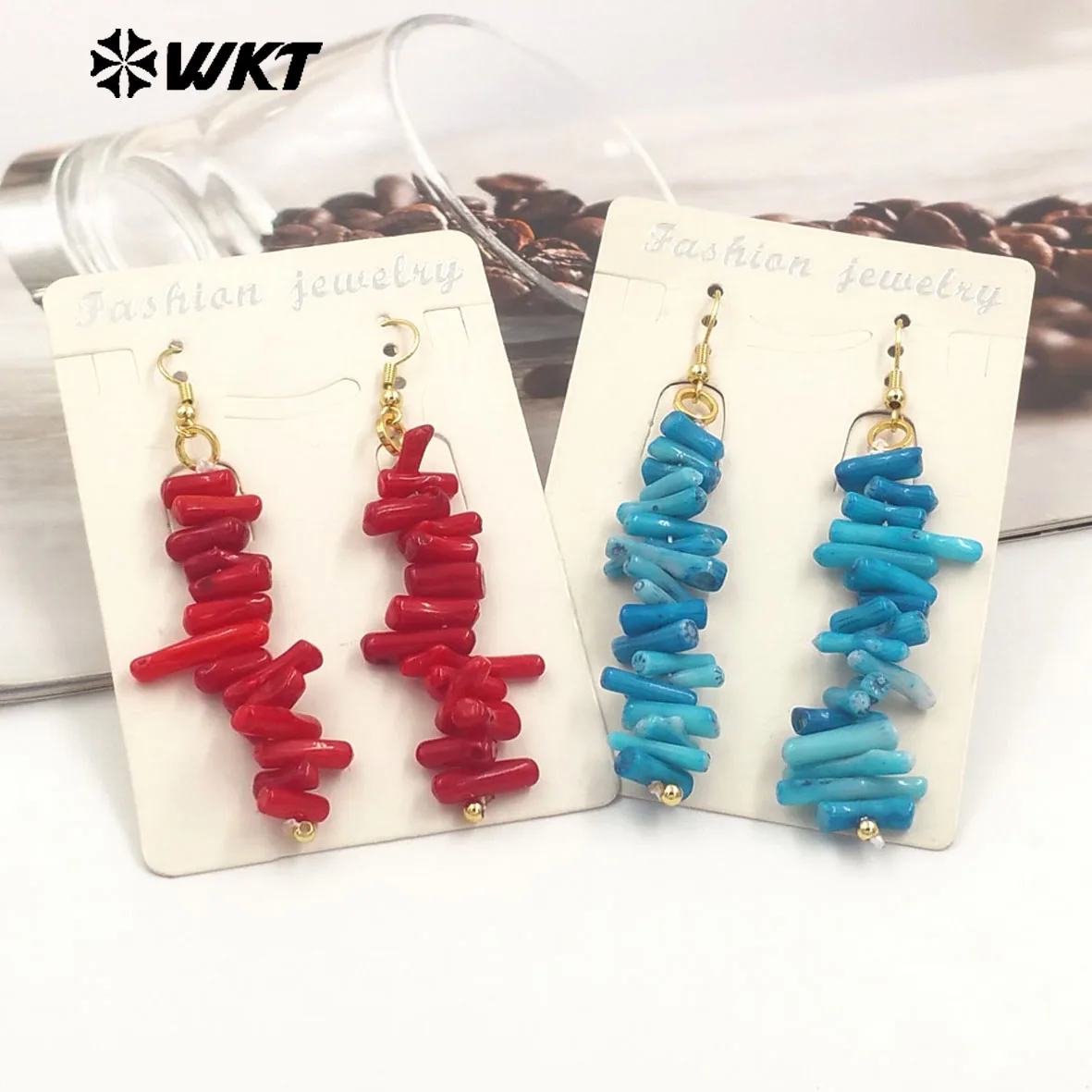 WT-E752 New Arrival Amazing Colorful Natural Coral With Long Hook Earrings For Girls In Beach Jewelry