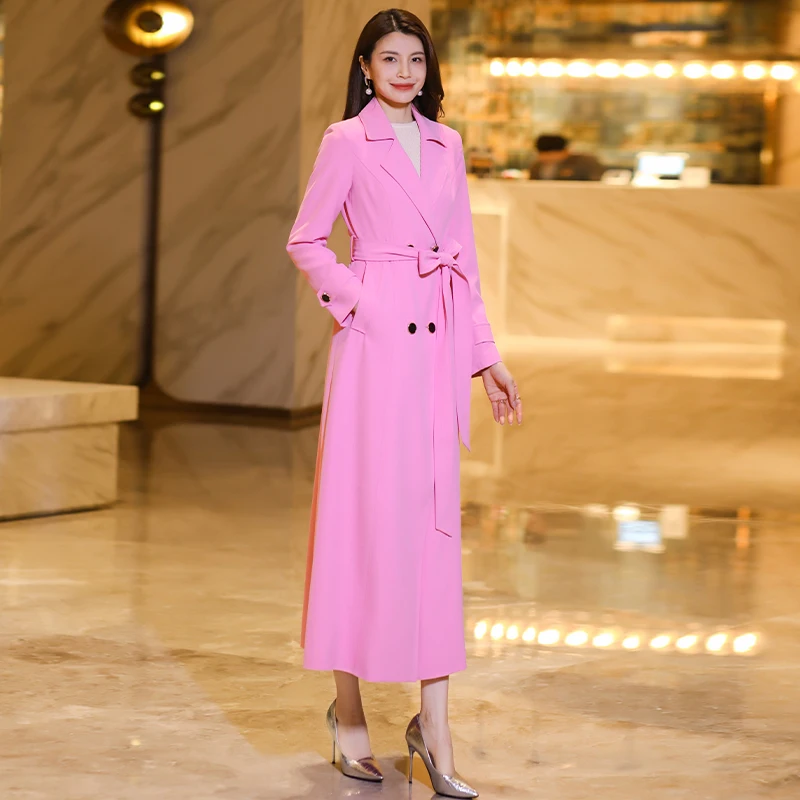 

Pink Fashion Windbreaker Jacket with Double-Breasted Design Slim Fit Long Style for Spring Autumn Casual Wear Suit Collar2026