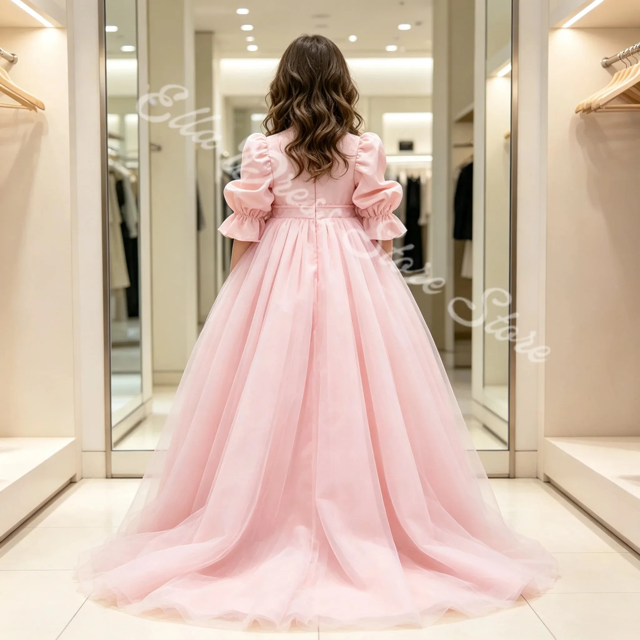 Großhandel Rosa Kleid mit Puffärmeln für Mädchen, Blumenmädchenkleid für Hochzeitszeremonien, formelle Empfänge, Partys, individuell anpassbar – Detail 4