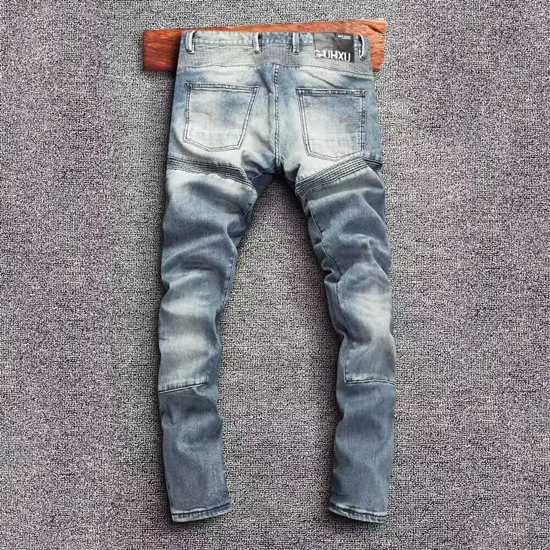 Streetwear Fashion Men Jeans Retro Blue Stretch Slim Fit Spliced Designer Biker Jeans Homme Patched Hip Hop Denim Pants Hombre