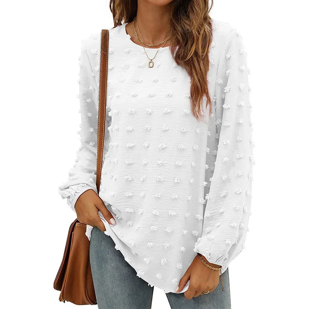 Women Chiffon Blouses Long Sleeve Crewneck Top Dressy Casual Loose Pompom Shirts