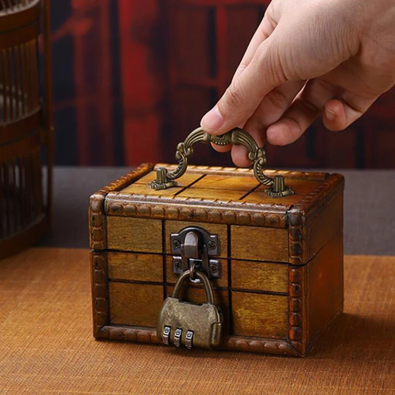 Wooden Antique Storage Box Medieval Vintage Suitcase Treasure Chest Necklaces Jewelry Organizer Gift Box with Lock Big Photo Box