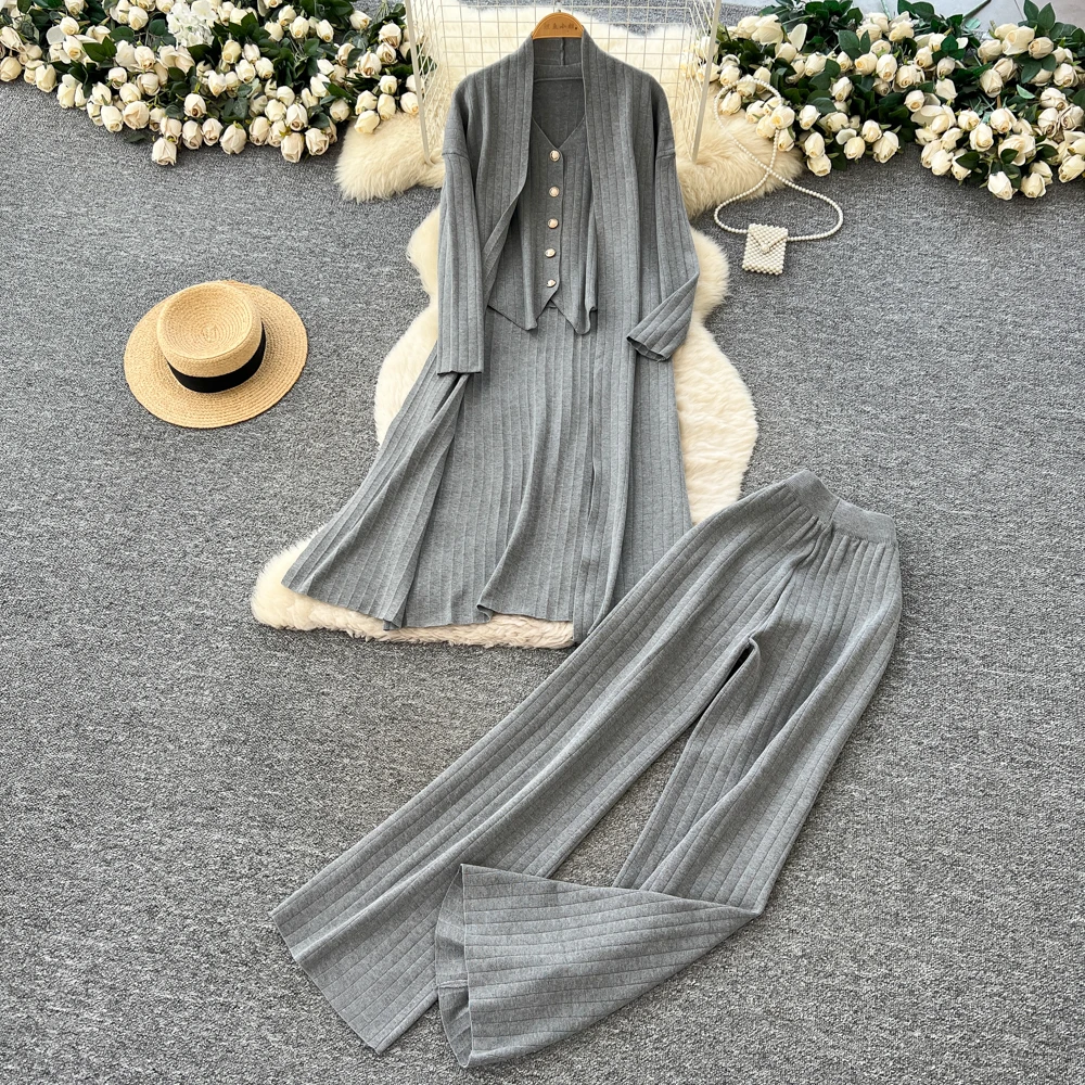 

Сексуальные комплекты из двух предметов, вязаный топ на пуговицах с длинными рукавами и модные комплекты с широкими осенними брюками с высокой талией