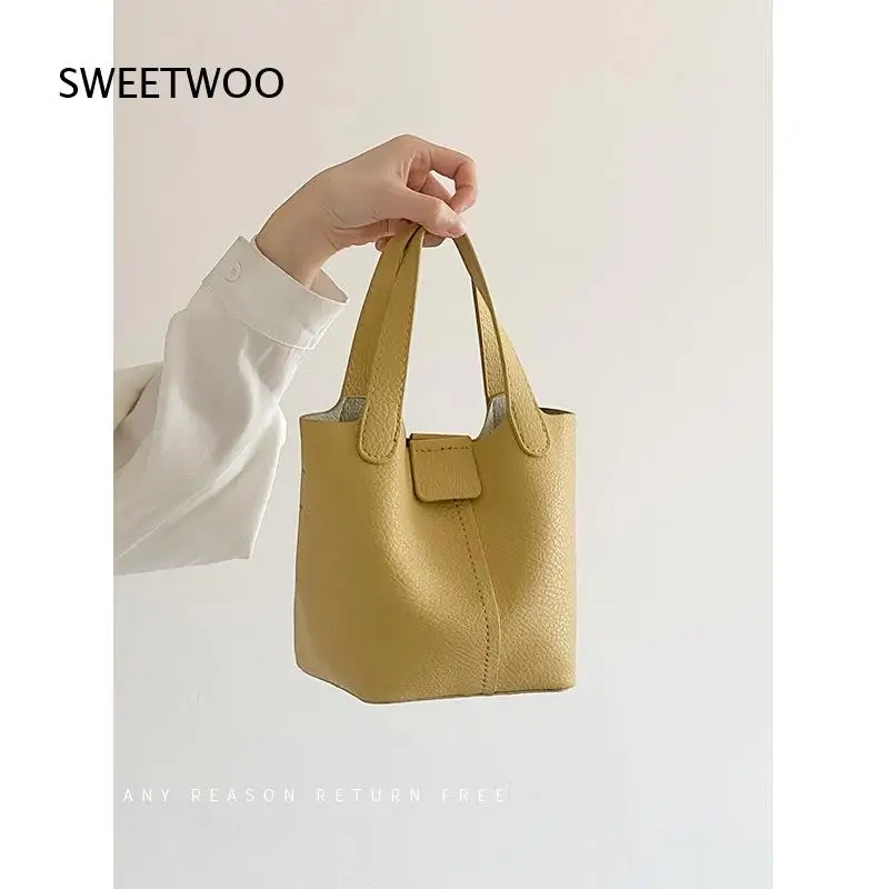 Bolso de Mano Mini Casual Amarillo Mostaza para Mujer, de Cuero Granulado, Tipo Cubo, con Doble Asa y Botón a Presión, Simple y Elegante para Uso Diario
