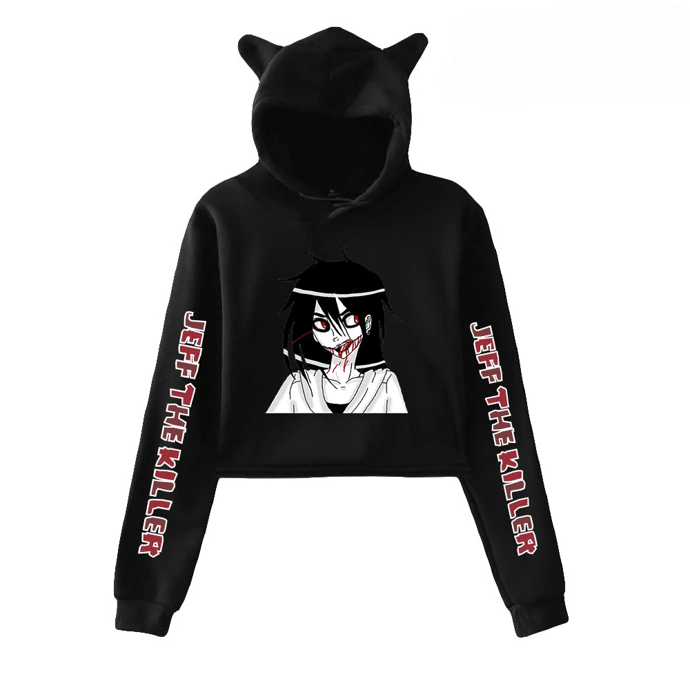 Sudadera corta con capucha de Jeff The Killer para niñas adolescentes, ropa de calle, Hip Hop, Kawaii, oreja de gato, Harajuku, Jersey, Tops