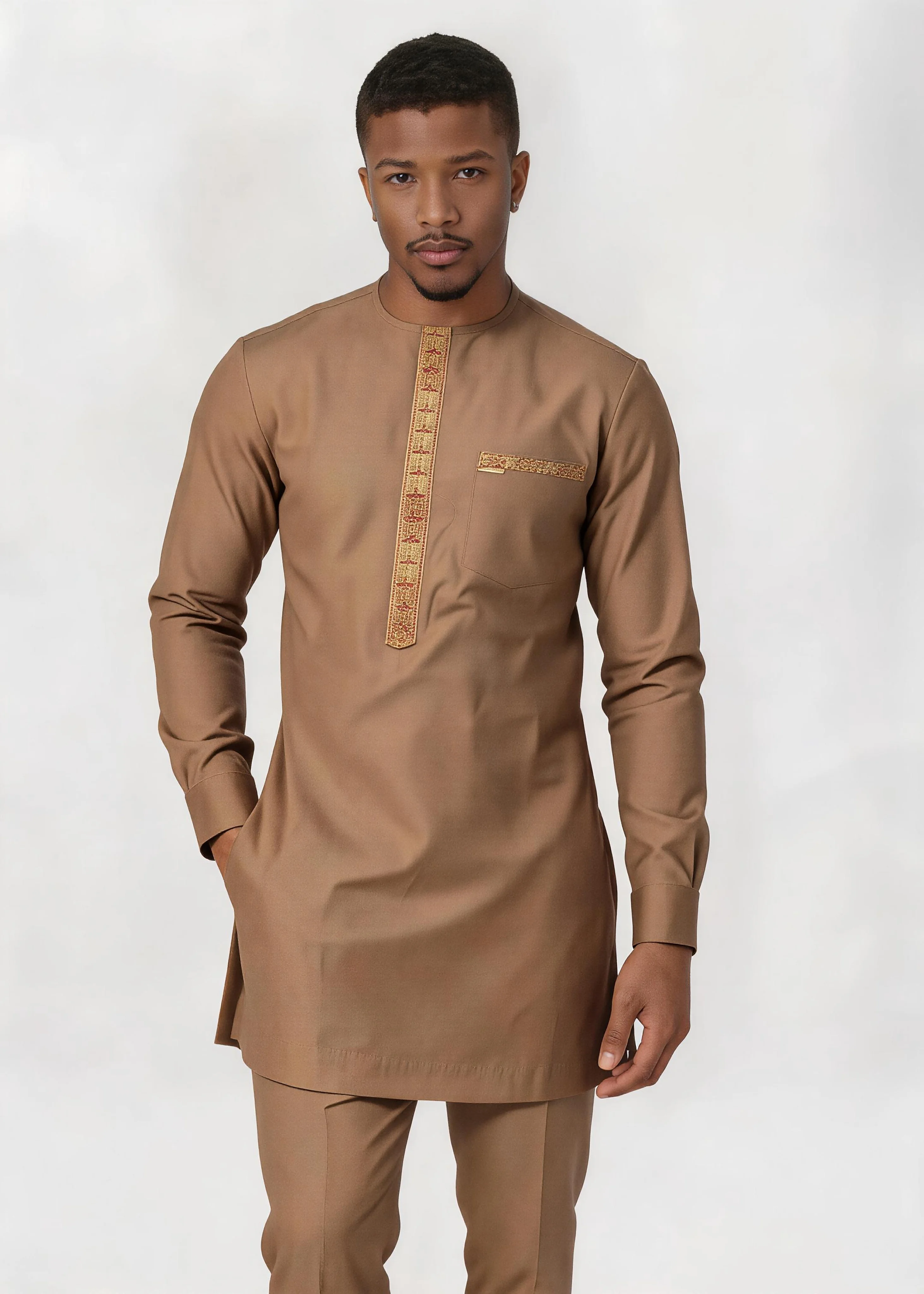 Men Muslim 2Pcs Kurta Pant Set Gold Embroidery Long Sleeve African Eid Thobe Outfit