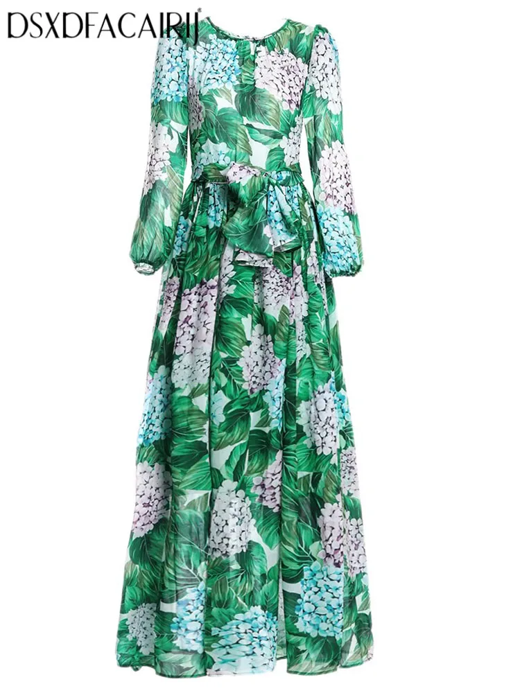 

DSXDFACAIRIJ Women's Green Leaf Flower Print O-Neck Lantern Sleeve Lace up Maxi Dress Beach Style Chiffon Summer Fashion Female