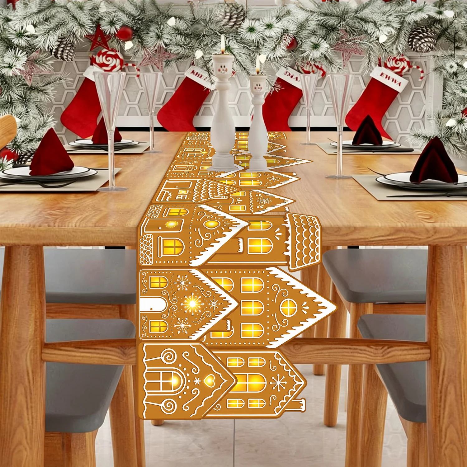 Christmas Gingerbread Village Table Runner Light Up House Town Xmas Dining Table Cover Holiday Kitchen Party Decor