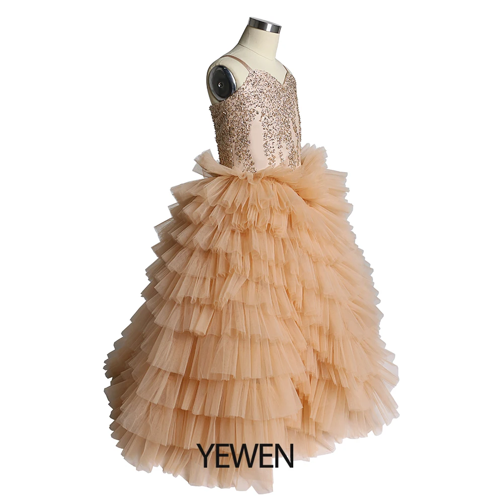Vestidos de primera comunión con lentejuelas brillantes para niñas, vestidos de flores con volantes escalonados, vestido de fiesta de princesa, vestido para sesión de fotos