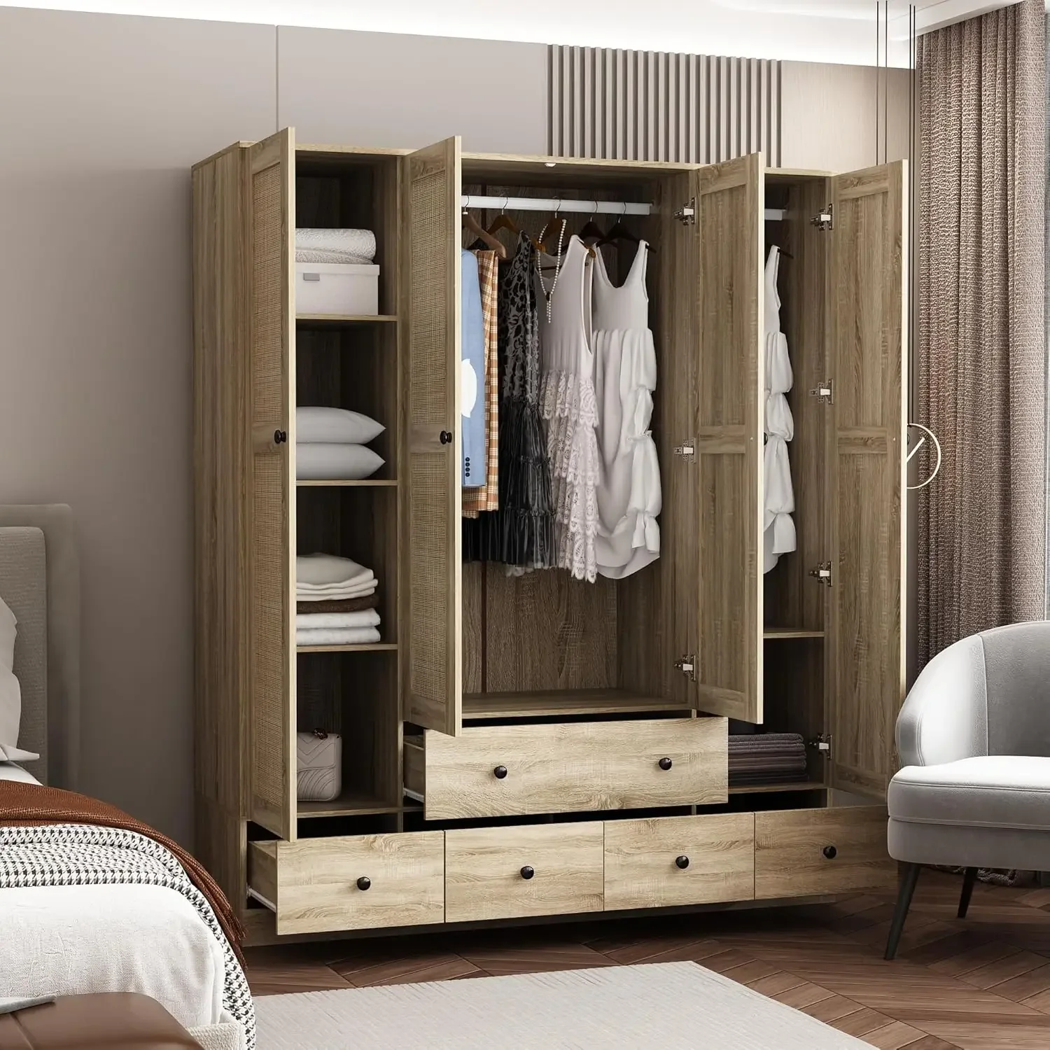 4 Door Wardrobe Armoire Closet, Bedroom Cabinet Armoire with Rattan Doors, 5 Drawers, 2 Hanging Bars & Shelves, Light Brown