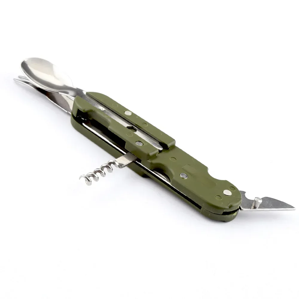 Army Green Camping Supplies Travel Camping Fork Spoon  Bottle Opener Folding Picnic Set Stainless Portable Equipment Tableware