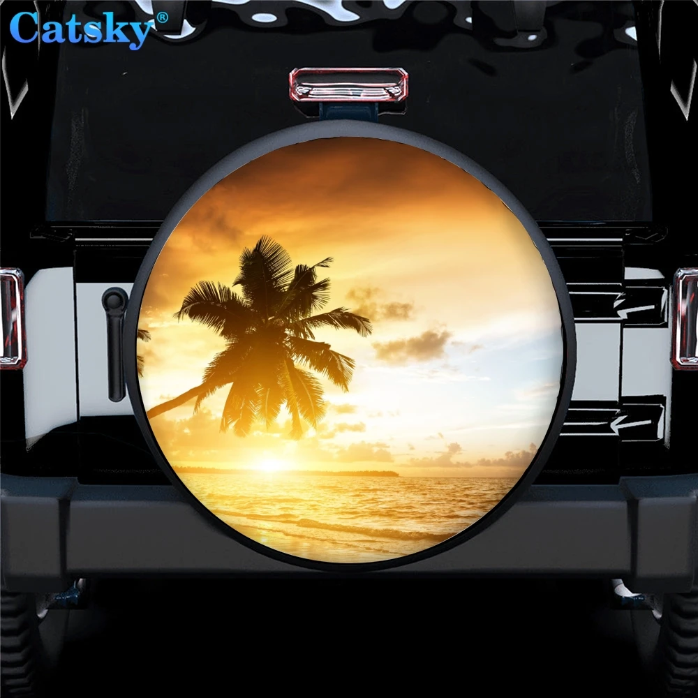 Seaside Sunset Scenery Car Spare Tire Decoration Cover,Camper Spare Tire Cover,SUV Spare Tire Protect Cover Without Backup Hole