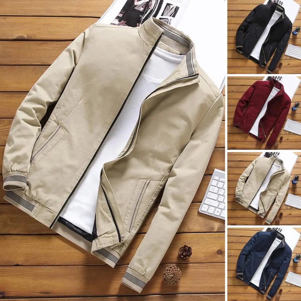 Men Autumn Jacket Stand Collar Long Sleeve Smooth Zipper Cardigan Slim Fit Thin Striped Elastic Cuff Streetwear Men Spring Coat