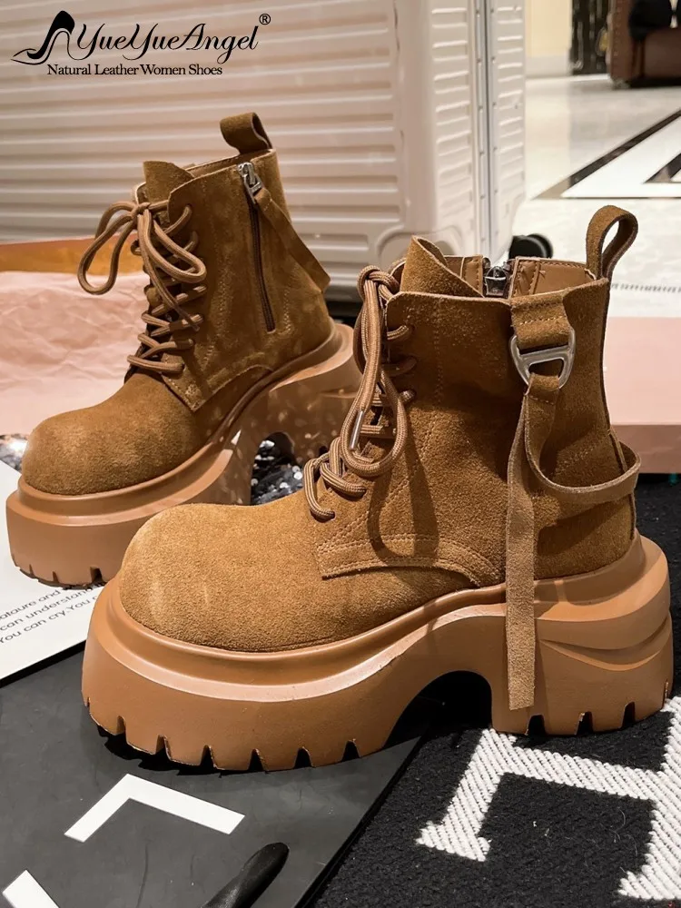 

British Style Genuine Leather Cross Tied Platform Ankle Boots Solid Color Cow Suede Round Toe Women Height Increase Shoes